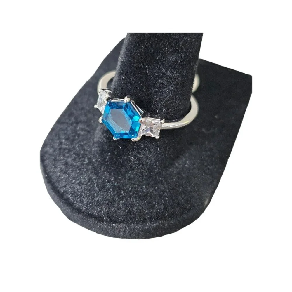 Silver Tone London Blue Topaz Hexagon Diamante CZ Ring New Size 9